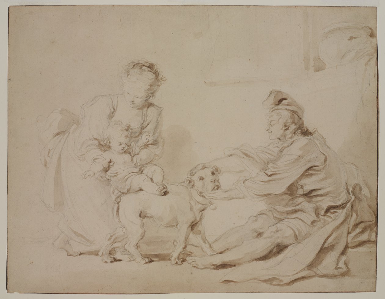 İlk Binme Dersi (La première leçon déquitation), c.1778 (antika serilmiş kağıt üzerine grafit ve kahverengi yıkama) by Alexandre Evariste Fragonard