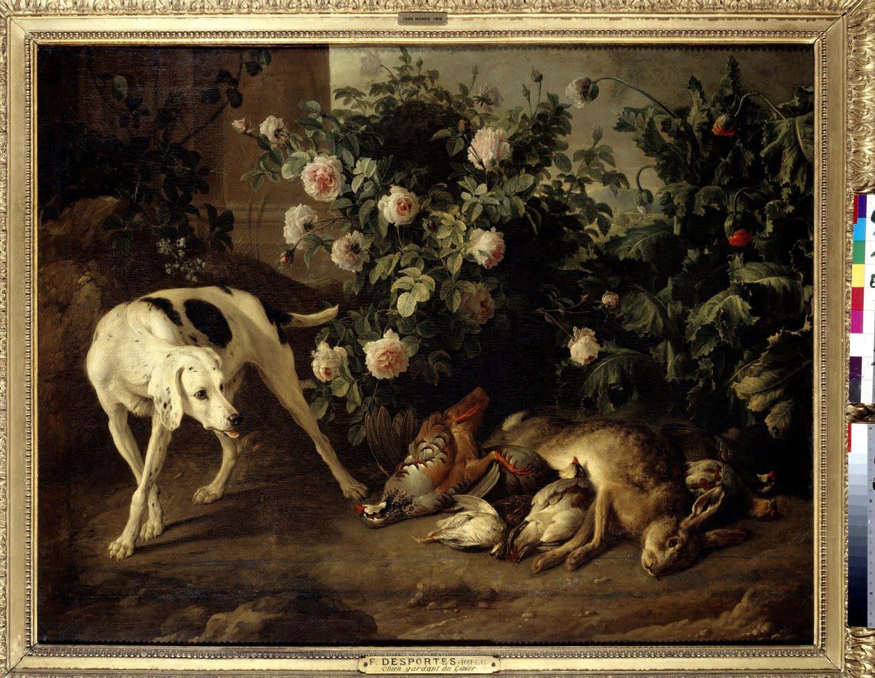 Bir gül çalısının yanında köpek tutma oyunu Resim Francois Desportes (1661-1743) 1724 Güneş. 1,07x1,38 m Paris, Musee du Louvre. by Alexandre Francois Desportes
