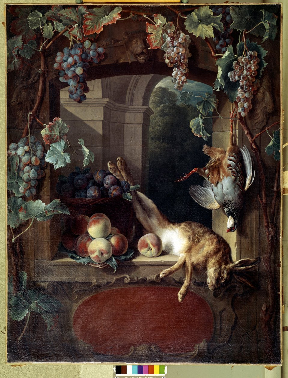 Kafeste natürmort Üzümler, peches ve av hayvanları (tavşan, ölü kuş) Boyama Francois Desportes (1661-1743) 18. yüzyıl Güneşi. 1,17x0,88 m Lyon, Musee des Beaux Arts by Alexandre Francois Desportes