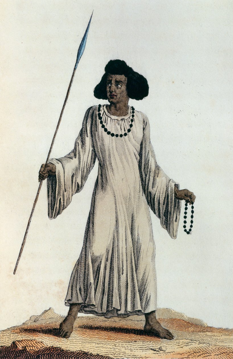 Tipik giysilerde Yukarı Nil bölgesinin yerlisi, renkli baskı by Nicolas Toussaint Charlet
