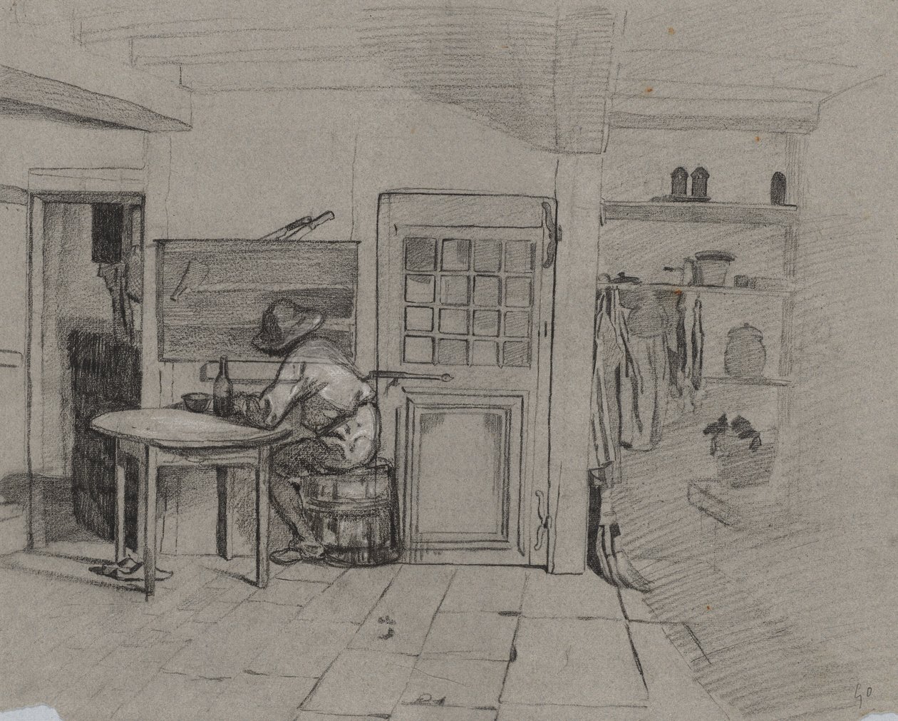Bir Masada Bir Çocukla Bir Çiftlik Evi İçi by Alexandre Gabriel Decamps