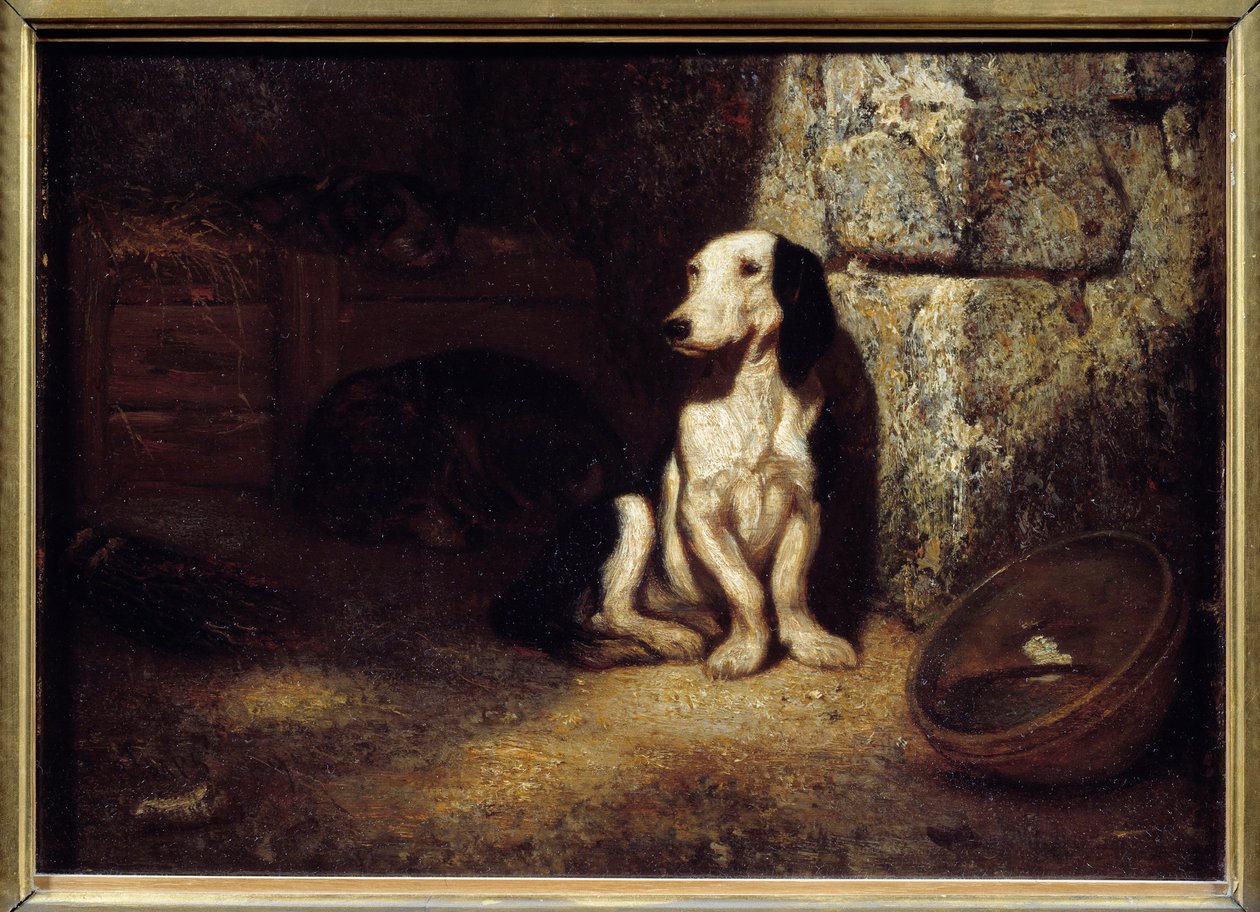 Köpek kulübesinde siyah beyaz bas köpeği. Yanında su dolu bir kap. Alexandre Gabriel Decamps