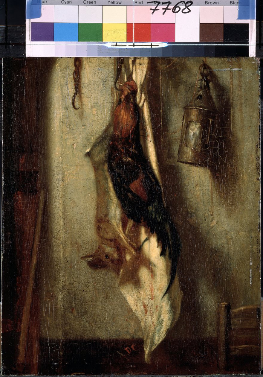 ""Horoz ve tavşan, kancaya asılı natürmort ve fener"" Resim Alexandre-Gabriel Decamps (Alexandre Gabriel) (1803-1860) 19. yüzyıl Dim. 28x24 cm Hermitage Müzesi, Sankt Petersburg (Saint -Petersburg) by Alexandre Gabriel Decamps