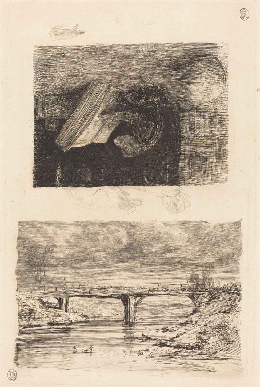 Köprülü Nehir Manzarası; Bir Kitapta Çağrılan Maymun by Alexandre Gabriel Decamps