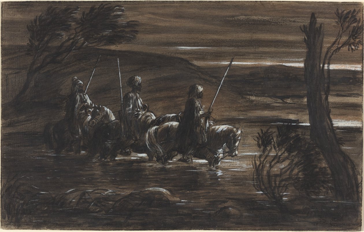 Üç Arap Atlısı Nehri Geçerken by Alexandre Gabriel Decamps