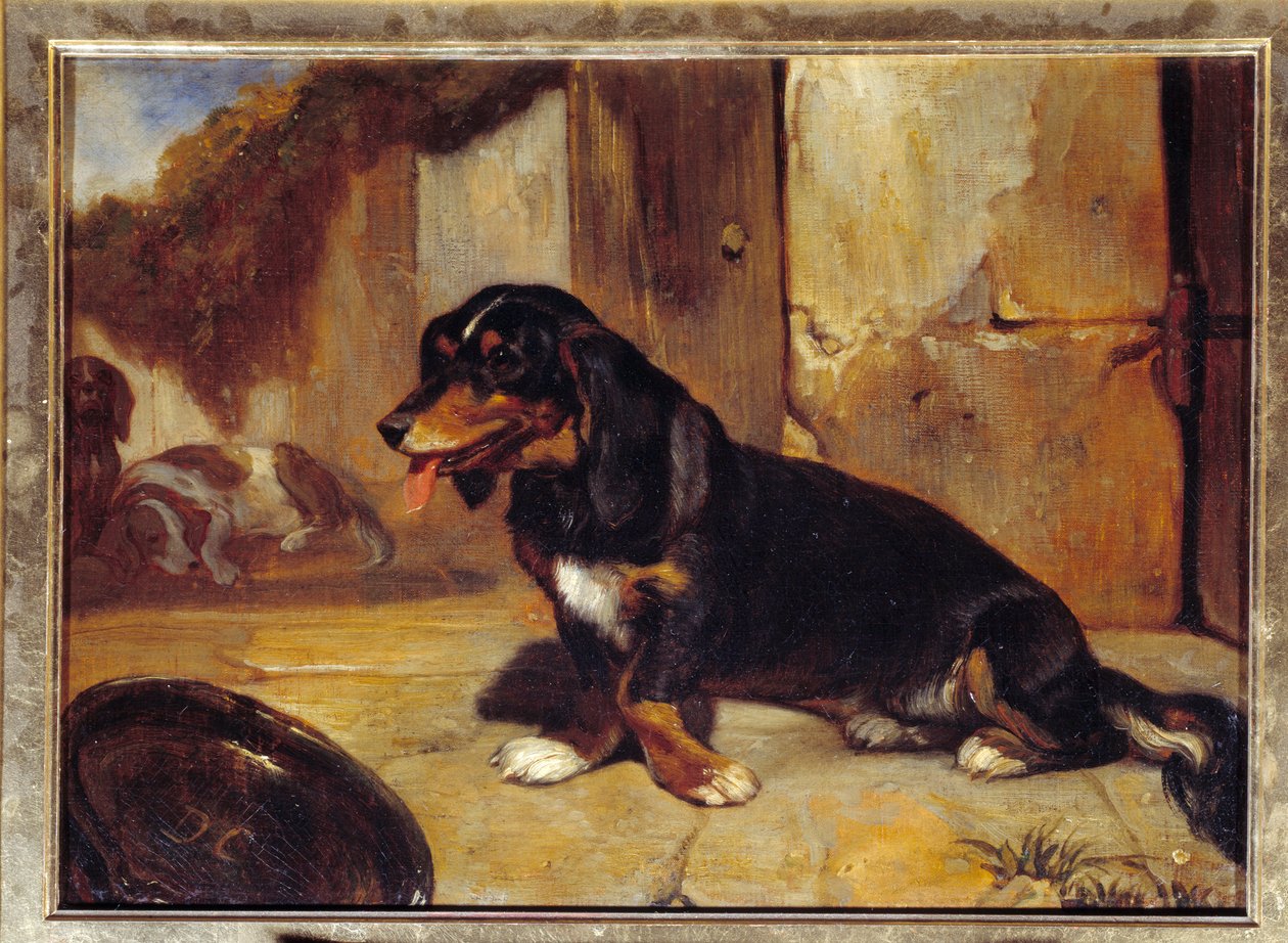 Bir basset tazı ““Dinlenen av köpekleri”” Resim Alexandre Gabriel Decamps (1803-1860) 1834 Dim 0.48x0.35 m Paris, Louvre müzesi by Alexandre Gabriel Decamps