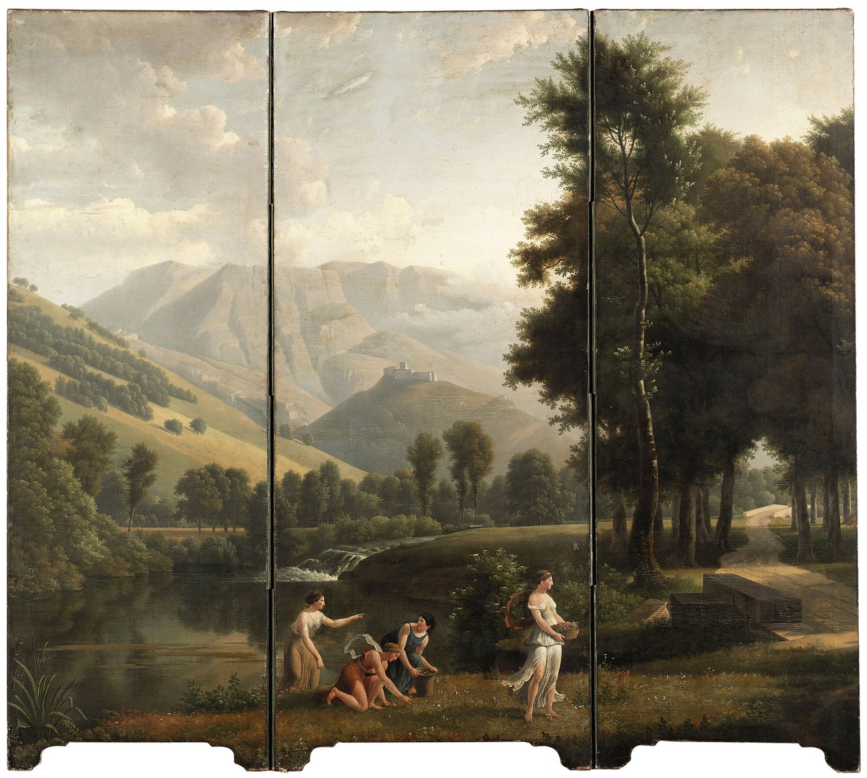 Bir nehir kıyısında çiçek toplayan bakirelerin olduğu bir Arkadya manzarası, ötesinde bir tepe kalesi, 1801 by Alexandre Hyacinthe Dunouy
