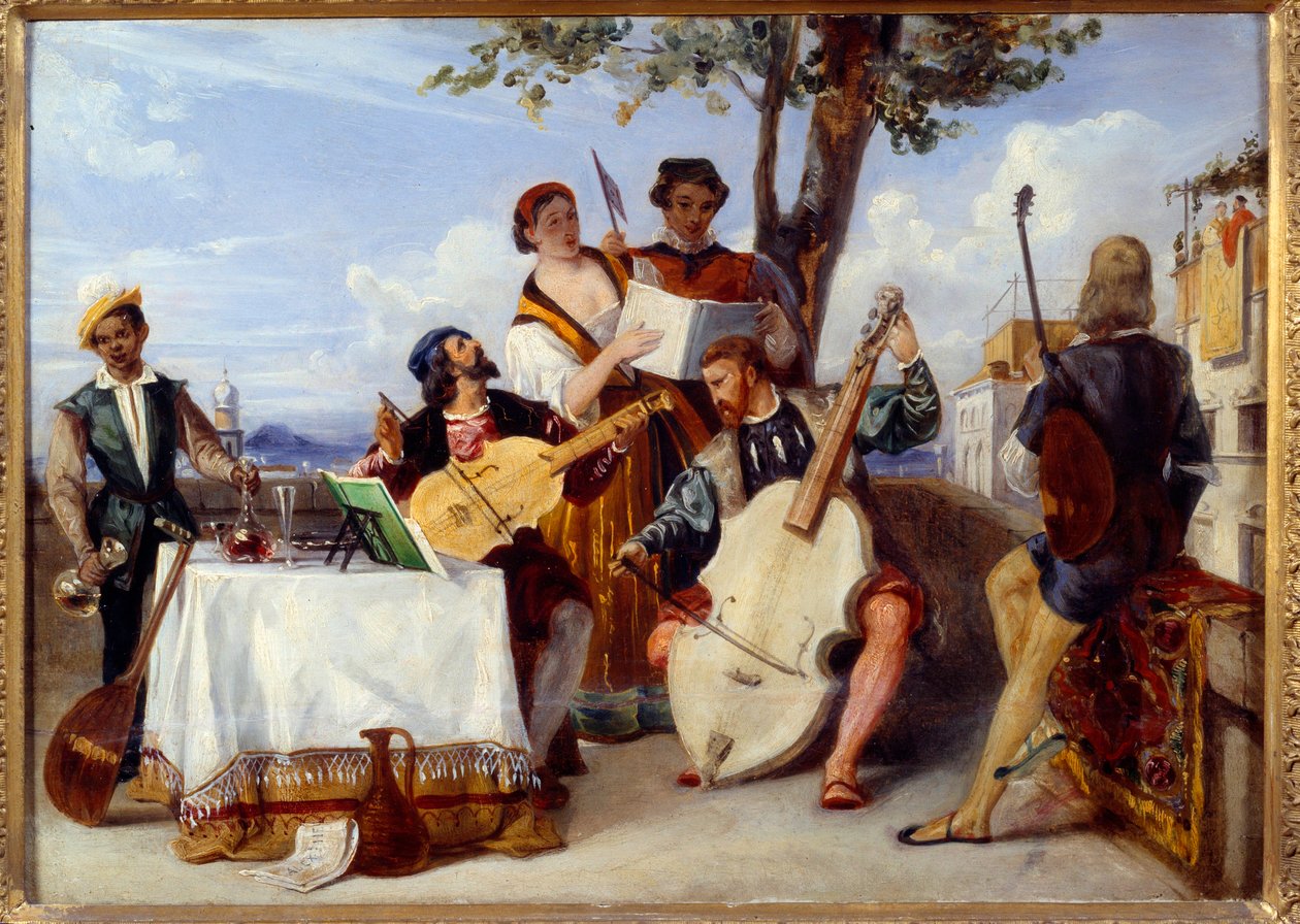 Bir terasta Venedik Konser Müzisyenleri (çello, ud, keman) ve şarkıcılar siyah bir hizmetçi tarafından servis edilir. Alexandre Hesse