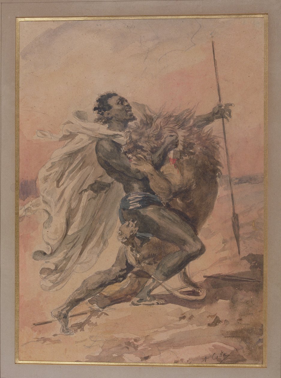 Savaşçı ve Aslan arasındaki mücadele by Alexandre Marie Colin