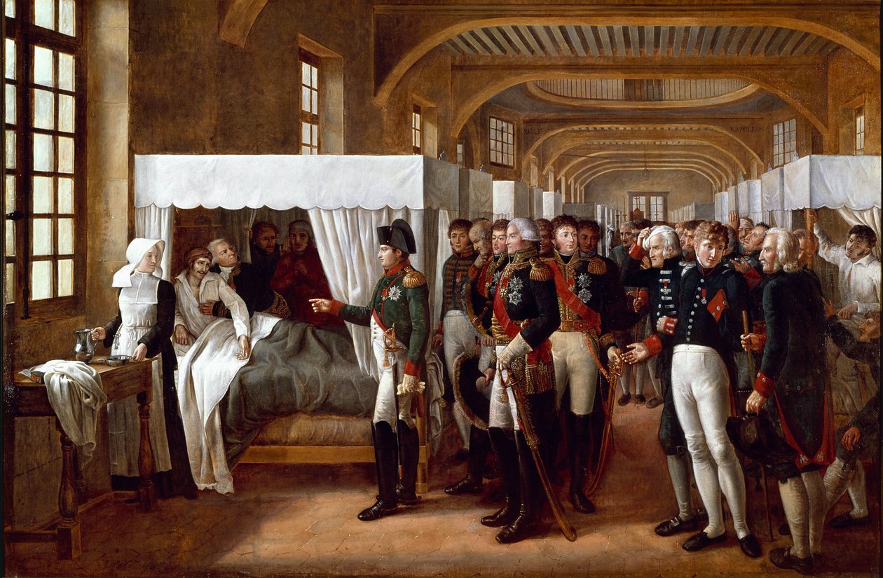 İmparator Napolyon I (1769-1821), doktorlar ve generaller eşliğinde (Mareşal Jean Mathieu Philibert Serurier, Invalides valisi, Louis Alexandre (Louis-Alexandre) Berthier ve Joachim Murat, Gerard (Geraud) Christophe Michel Duroc, büyük mareşal by Alexandre Veron Bellecourt