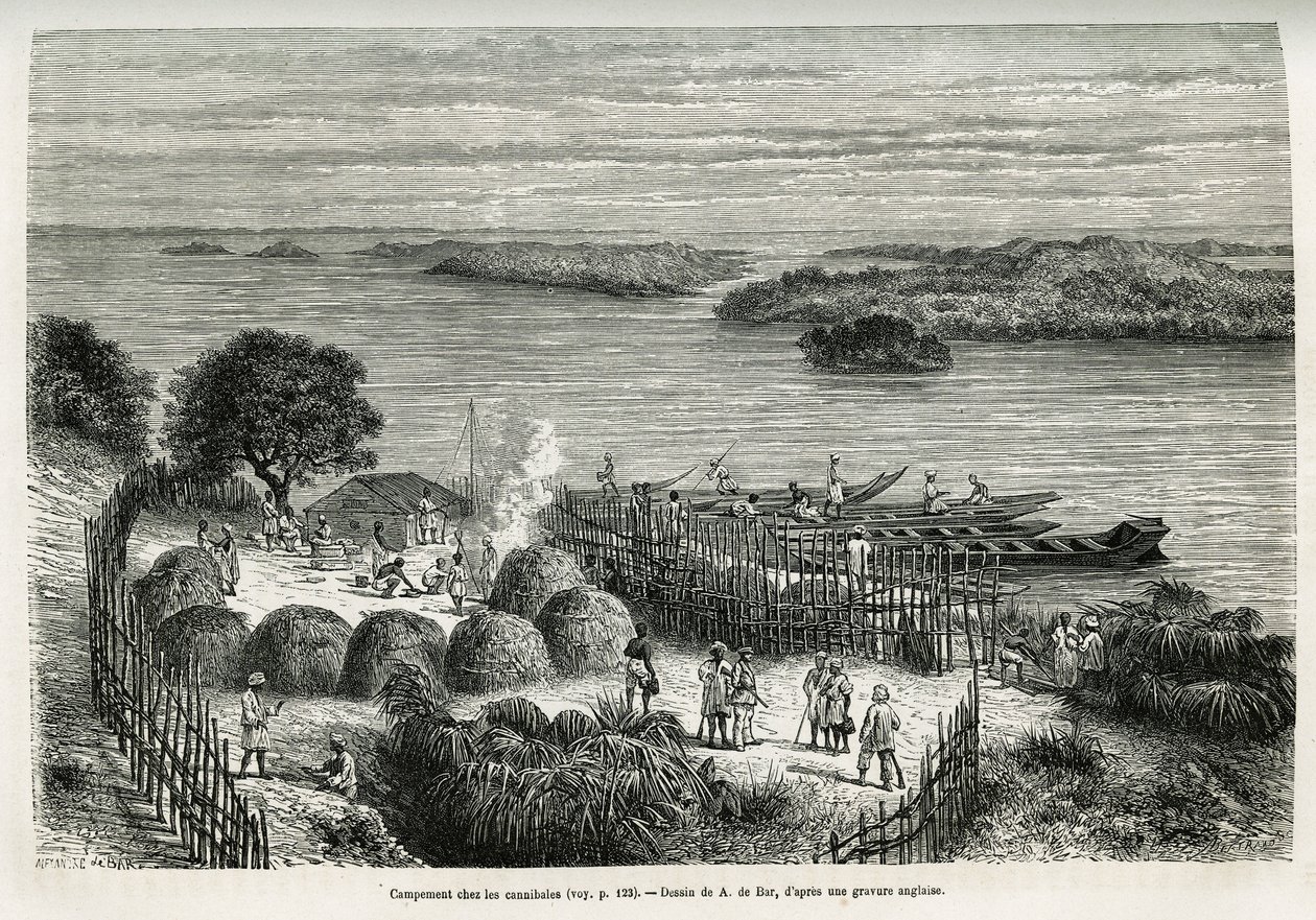 Kamp, kendisini yamyamlardan korumak için seferi güçlendiriyor Mouana Ntaba, Leopold (Kongo) nehri yakınında, A.De Bar tarafından çizildi, 1874-1877 yılları arasında Sir tarafından yapılan bir yolculuk olan “Gizemli Kıtada” hikayesini göstermek için çizdi. by Alexandre de (after) Bar