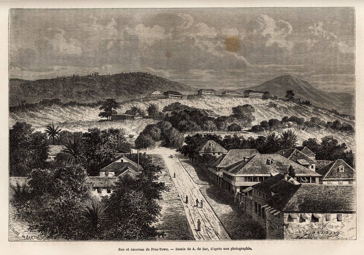 Rue et barracks de Freetown, Sierra Leone, engraving after the drawing of A. de Bar, illustrating the voyage to the Côte d