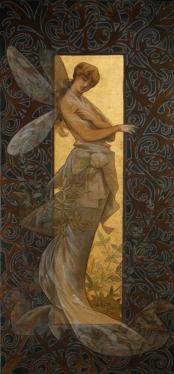 Güneş doğarken kanatlı peri ile kompozisyon by Alexandre de Riquer