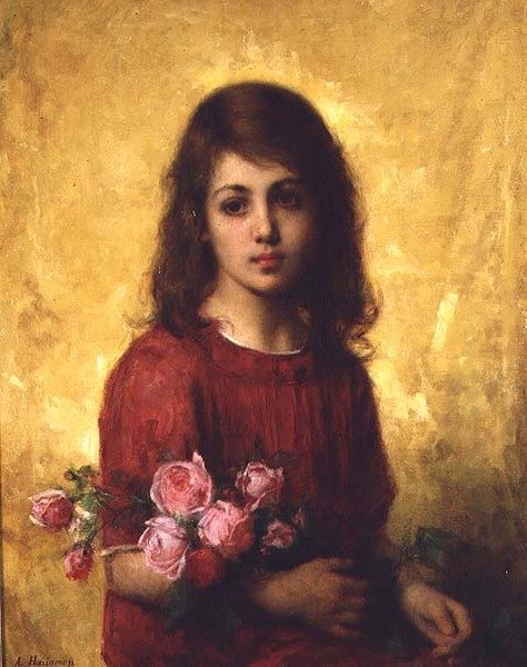 Bir demet gül tutan genç bir kızın portresi by Alexei Alexevich Harlamoff