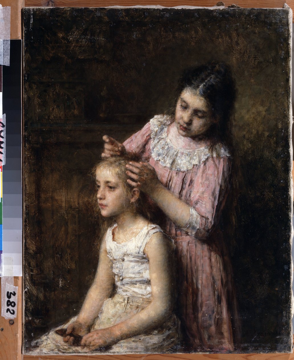İki kız kardeş (İki kız kardeş). En büyüğü, en küçüğünün saçını yapmaya çalışır. Alexei Alexeyevich Kharlamov
