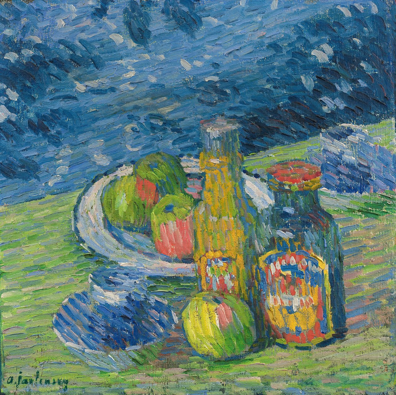 Şişe ve Meyveli Natürmort, 1900. by Alexej von Jawlensky
