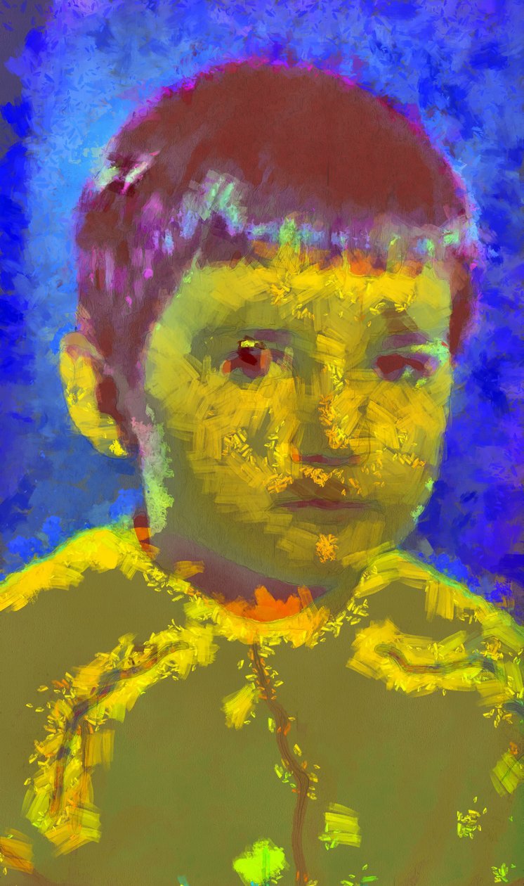 Mavi zemin üzerinde bir erkek çocuk portresi,2020,(karışık teknik) by Alexei Makhov