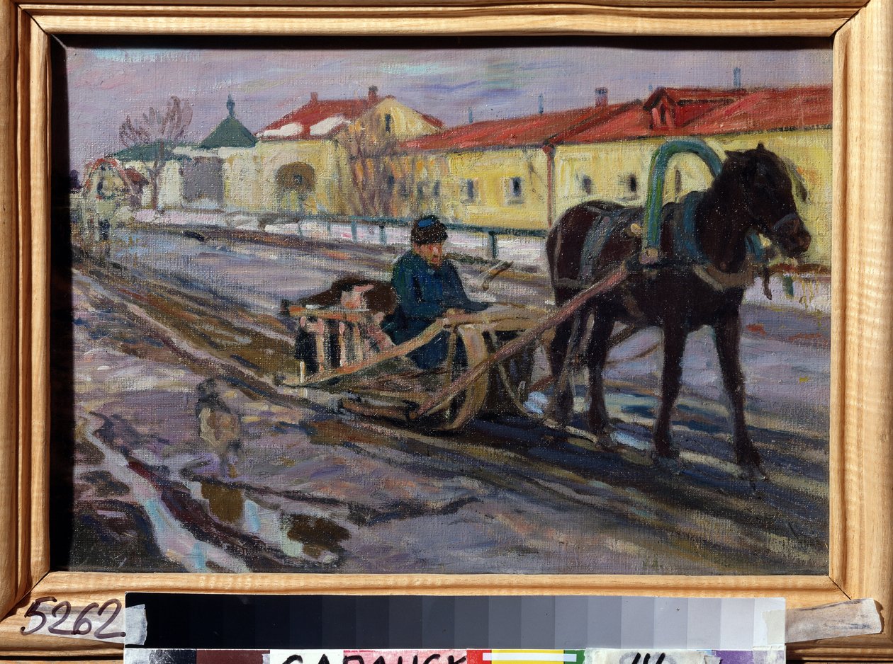 Atlı kızak (Sleigh Ride). Bir Rus köyünün sokağında, kışın bir adam bir takım kullanıyor. Alexei Mikhaylovich Korin