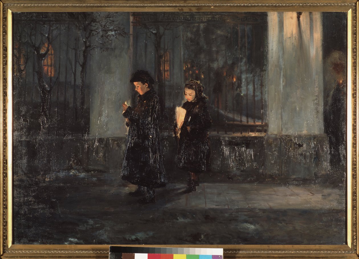 Kutsal Perşembe. Akşamları mum tutan iki küçük kız, Paskalya kutlaması için kiliseye gidiyor. Alexei Nikolaievich Ostrogradsky'nin (1867-1943) tablosu, tuval üzerine yağlı boya by Alexei Nikolayevich Ostrogradsky