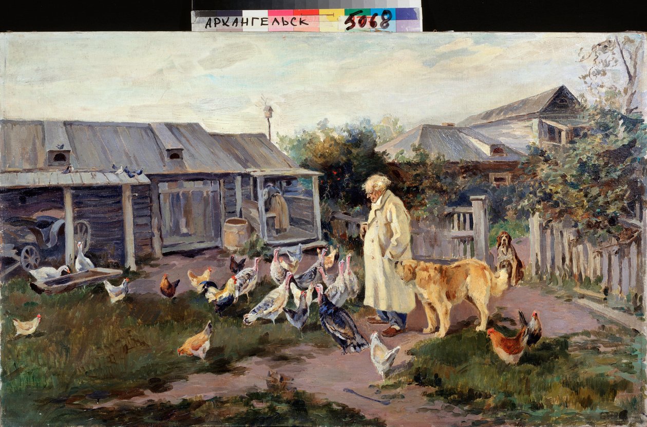 Sabah Tebrik - Bir Çiftçiyi Çevreleyen Çiftlik Hayvanları - Resim Alexei Stepanovich Stepanov (1858-1923), tuval üzerine yağlı boya, 1890 sonu, Rus sanatı by Alexei Steipanovitch Stepanov