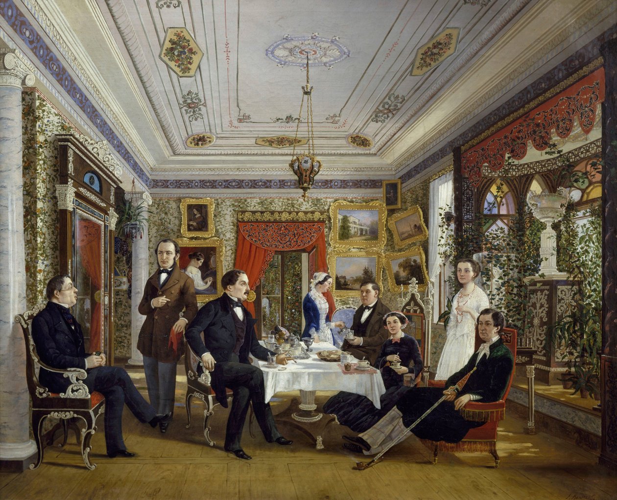 Tarnovskj ailesi masada çay içiyor by Alexei Yakovlevich Voloskov