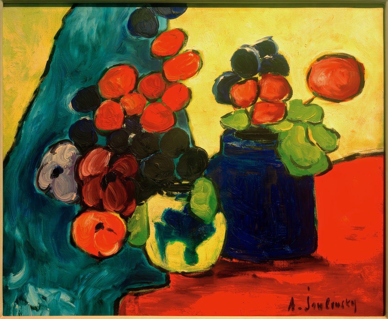 kırmızı bir bez üzerinde by Alexej von Jawlensky