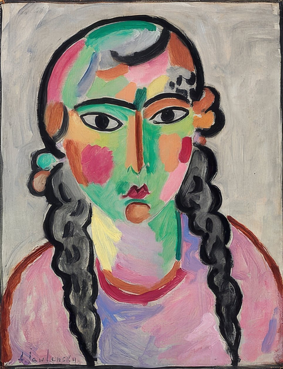 Gri örgülü solgun kız. 1916 civarında by Alexej von Jawlensky