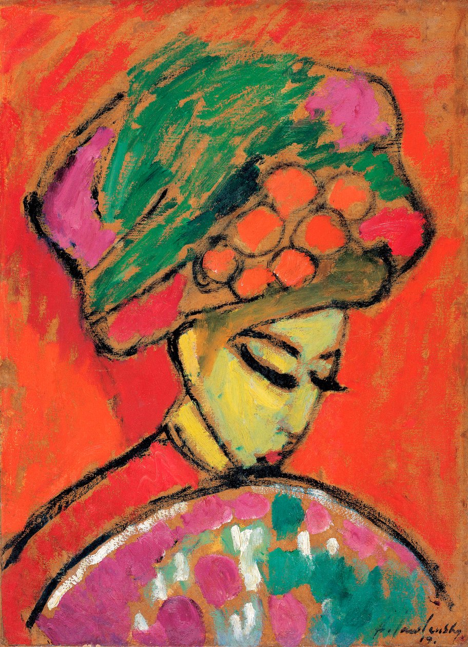Çiçekli Şapkalı Genç Kız - Resim Alexei von Javlensky (1864-1941) karton üzerine yağlı boya, 67.5x49 cm by Alexej von Jawlensky