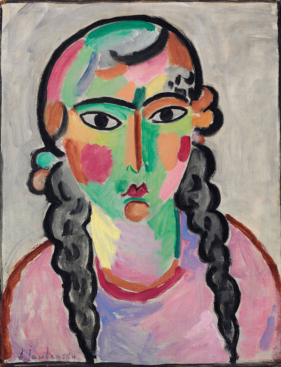 La fille soluk aux tress grises - Gri Örgülü Soluk Kız, Alexej von Jawlensky (Jawlensky) (1864-1941). Kağıt üzerine yağlı boya, c. 1916. Ebat : 63,5x49,5 cm. Özel koleksiyon by Alexej von Jawlensky