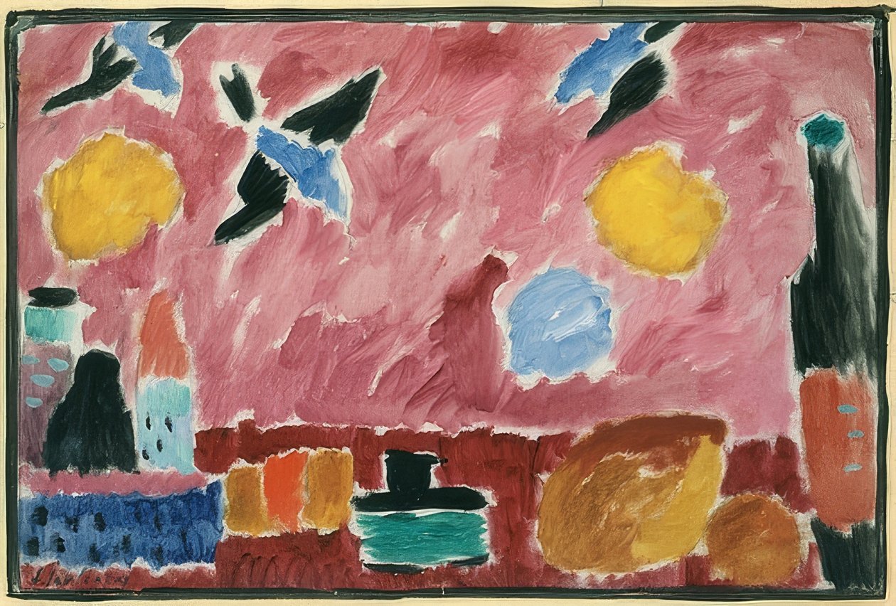 Kırmızı kırlangıç ​​duvar kağıdı ile (şişe, ekmek ve kırmızı kırlangıç ​​duvar kağıdı ile natürmort). 1915 by Alexej von Jawlensky