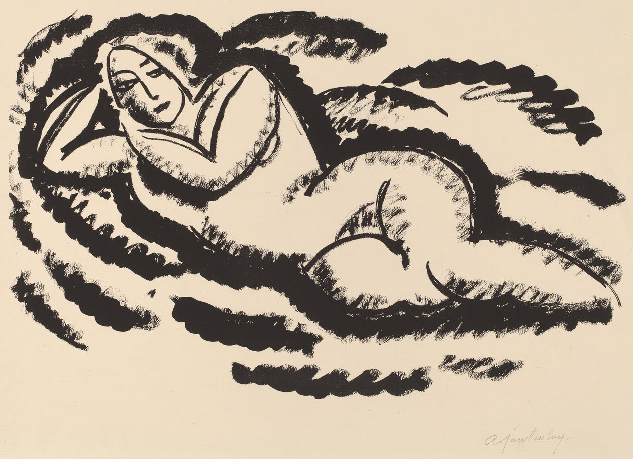 Reclining Nude, c.1912 (döşemiş kağıt üzerine siyah litografi) by Alexej von Jawlensky