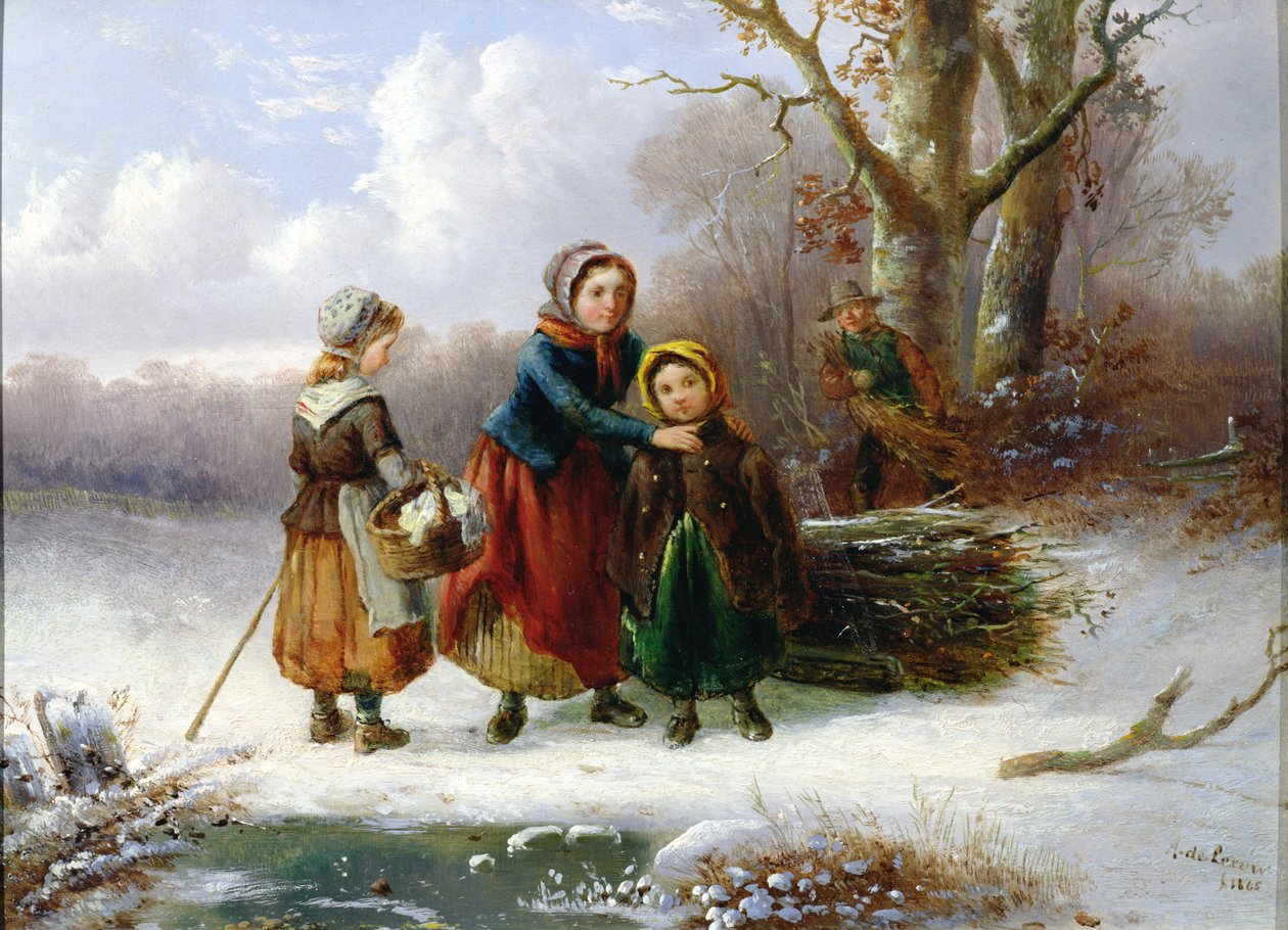 Bir Kış Manzarasında Üç Kız, 1865 (çift 98604) by Alexis de Leeuw