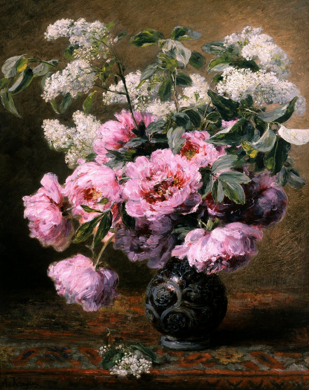 Şakayık ve leylaklarla yaz çiçekleri natürmortu. Alexis Kreyder (1839-1912) tarafından yapılmıştır. Özel koleksiyon. by Alexis Kreyder