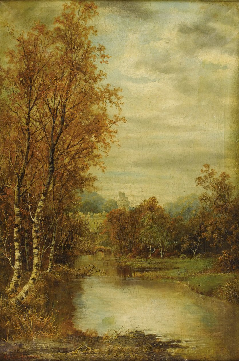 Gölet ve Kale Kulesi ile Sonbahar Manzarası by Alfred Augustus Glendening