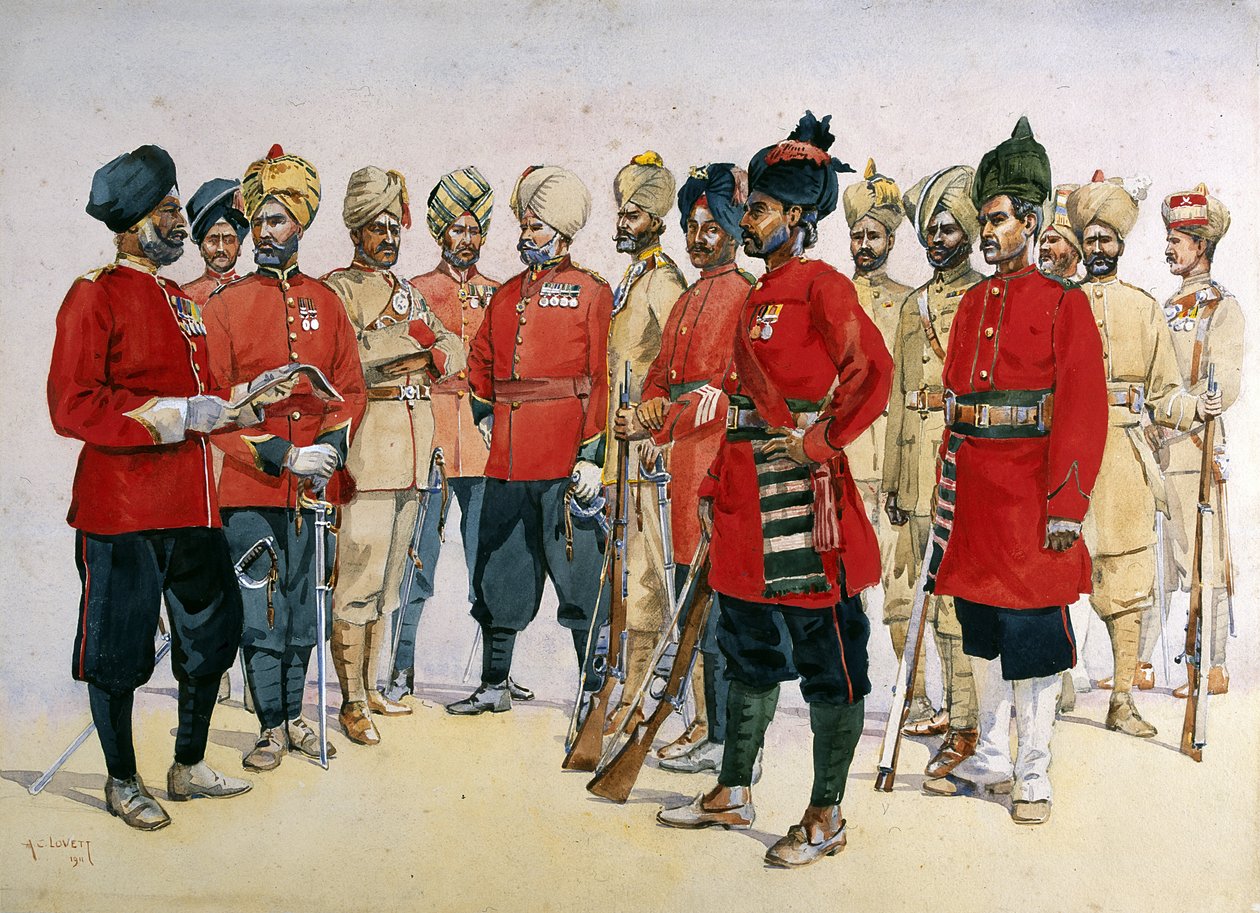 VCO'lar, Astsubaylar ve çeşitli Pencap Alaylarından sepoylar, Binbaşı GF MacMunn tarafından 'Hindistan Orduları' için illüstrasyon, 1911'de yayınlandı by Alfred Crowdy Lovett