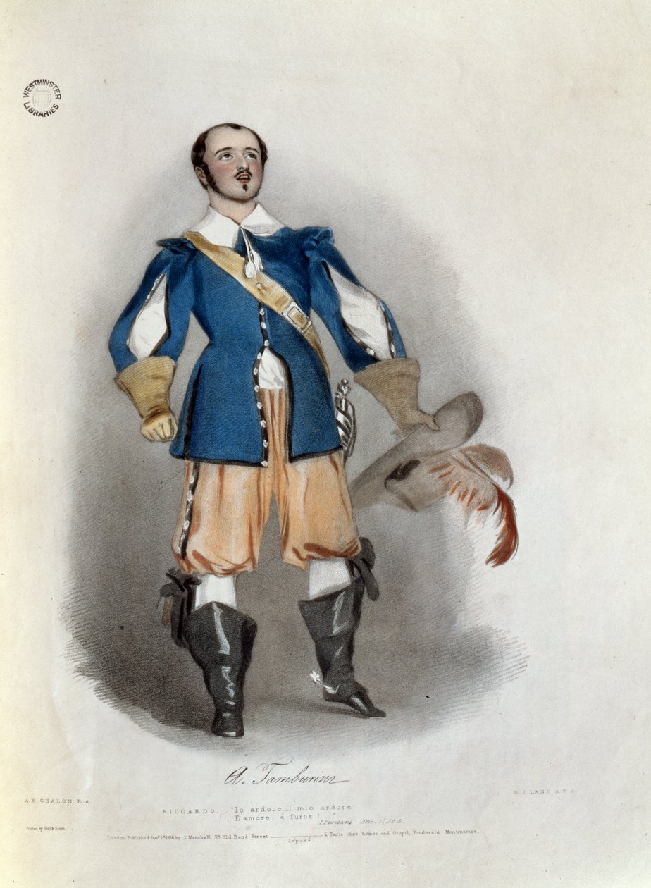 Antonio Tamburini (1800-76), Richard James Lane (1800-72), 1836 tarafından oyulmuş 'İtalyan Operasının Hatıraları'ndan 'I Puritani'de Riccardo olarak by Alfred Edward Chalon
