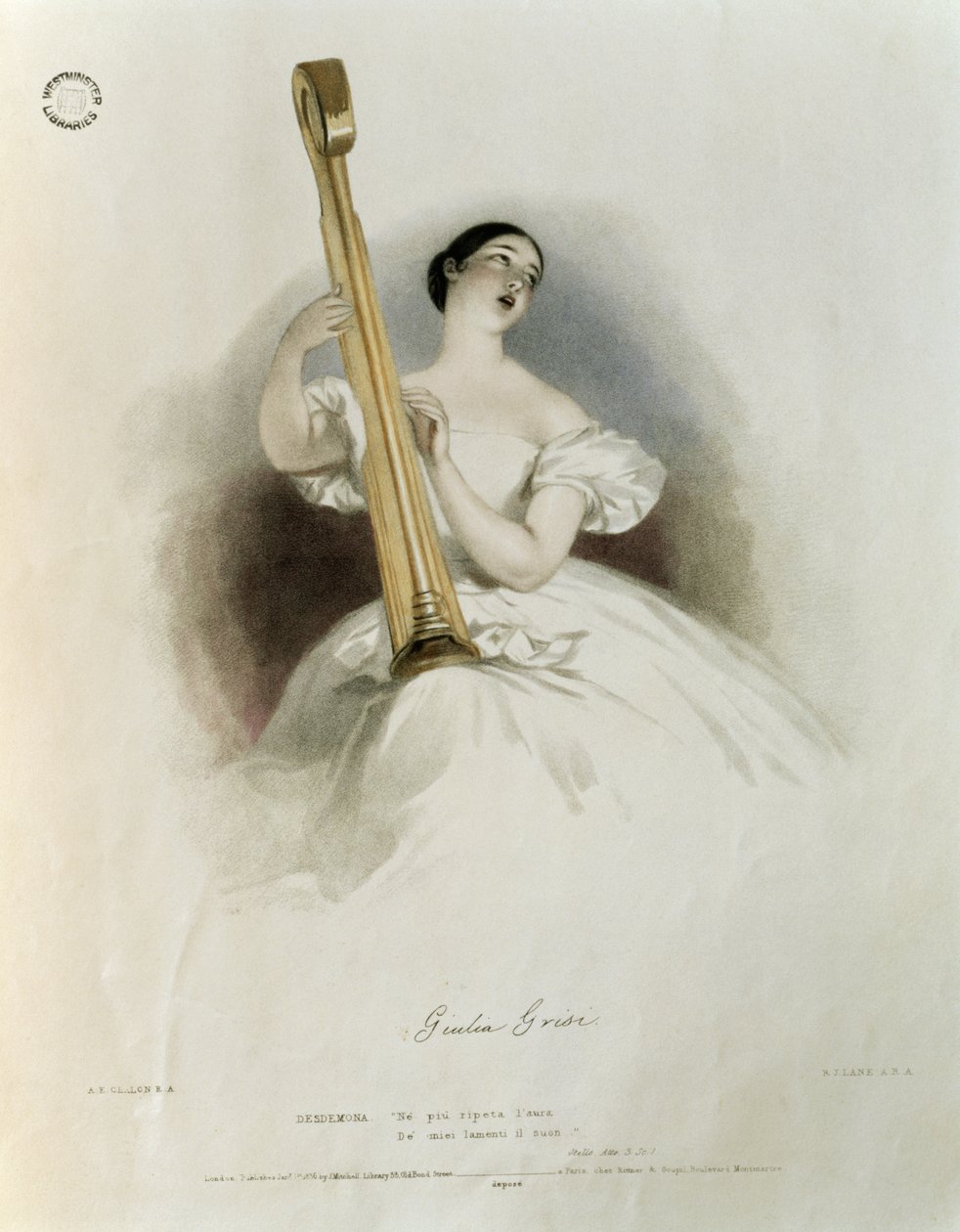 Giulia Grisi (1811-69), Richard James Lane (1800-72) tarafından kazınmış 'İtalyan Operasının Hatıraları'ndan 'Otello'da Desdemona olarak by Alfred Edward Chalon