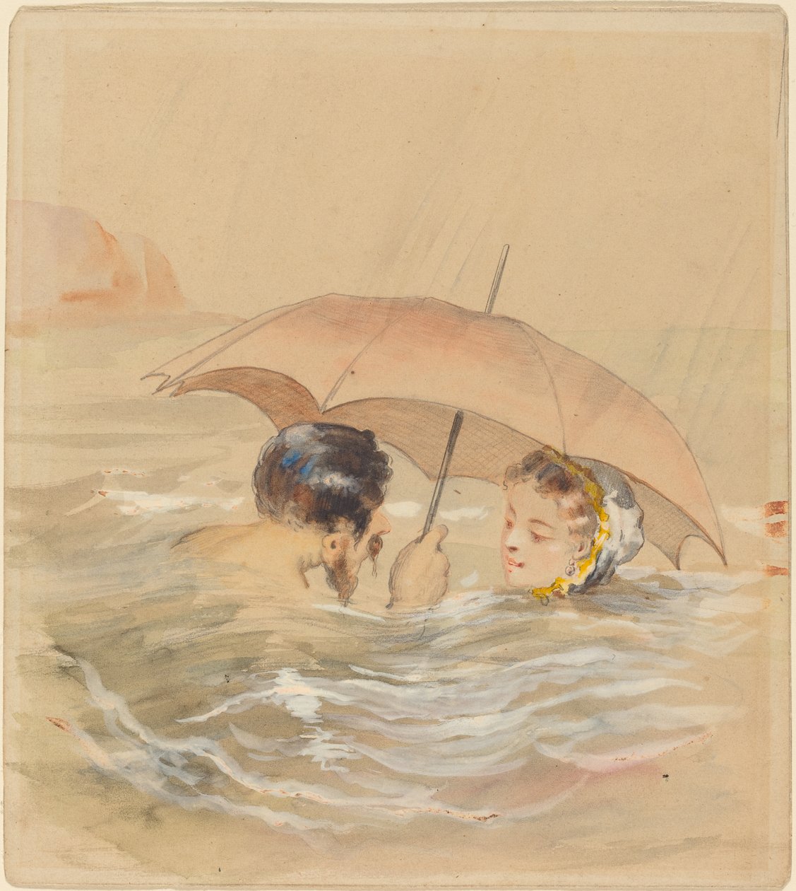 Şemsiyeli Bay ve Bayan Yıkananlar (kart üzerinde grafit üzerine wc ve guaj) by Alfred Grevin