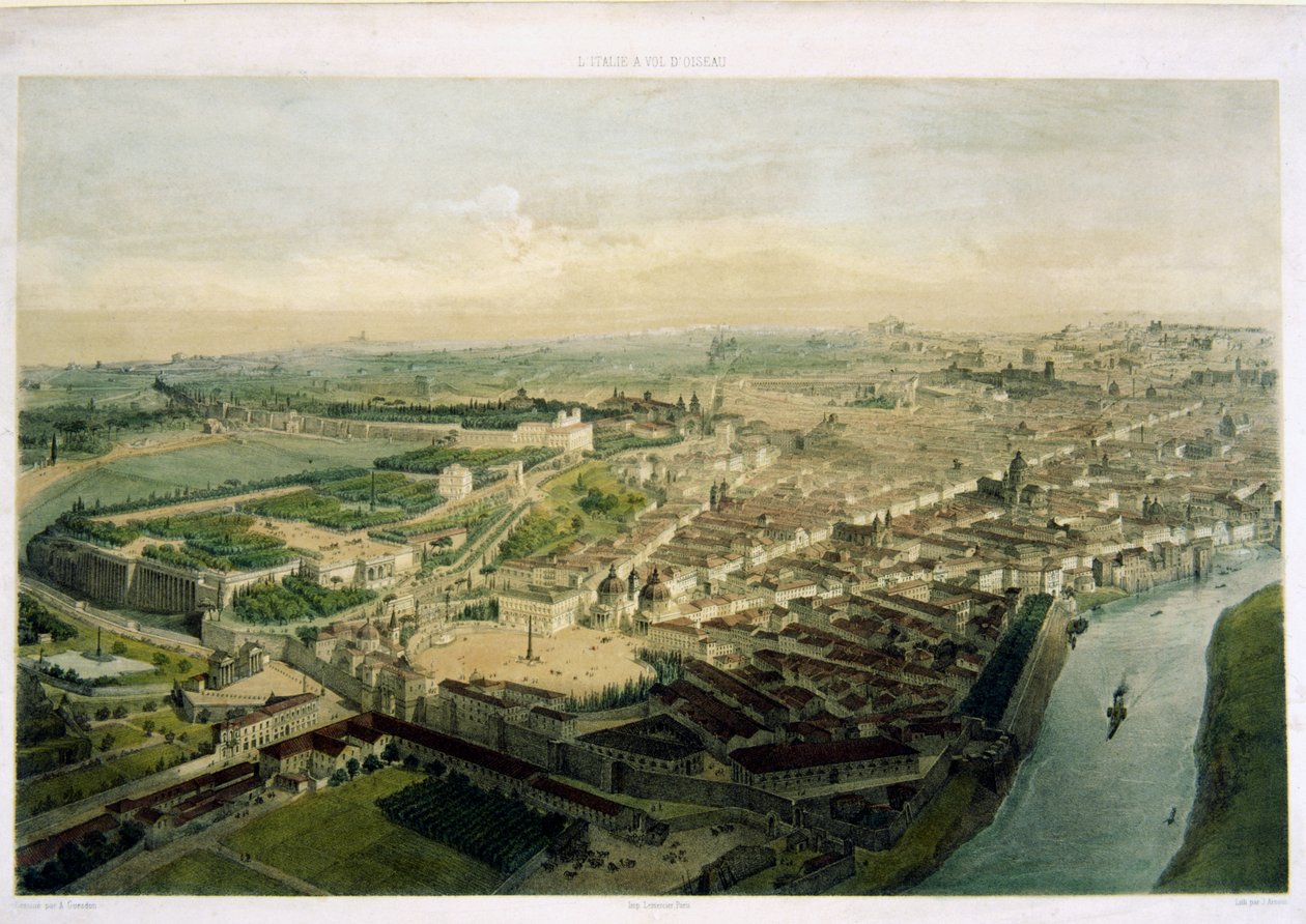 Porta del Popolo üzerinden Roma manzarası, J. Arnout tarafından litografi by Alfred Guesdon