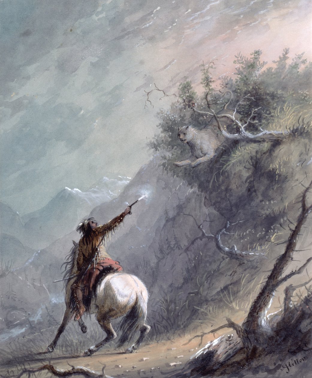 Puma Vurmak (kağıt üzerinde wc ve guaj) by Alfred Jacob Miller