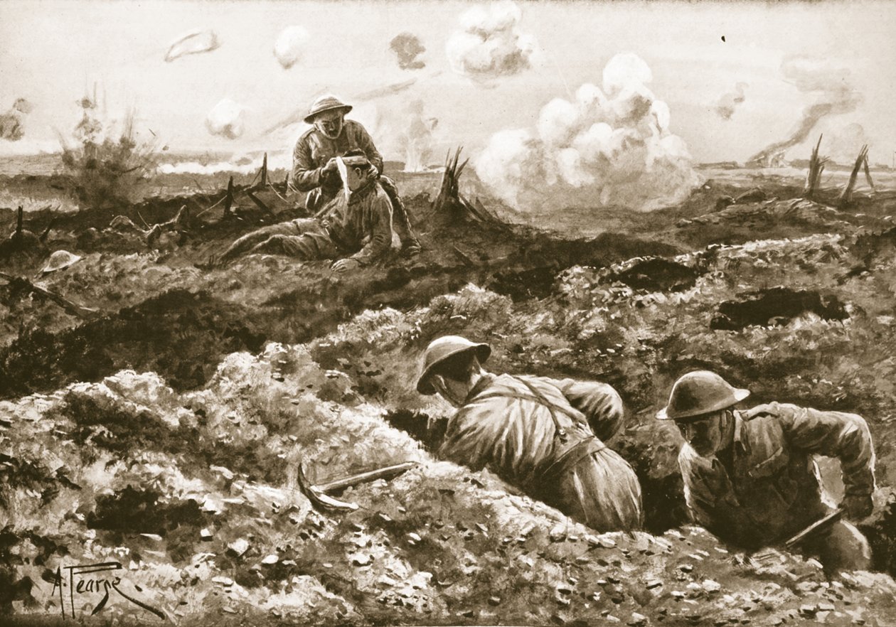 Başçavuş J. Erskine, defalarca ateş edilirken yaralı subayını sarıyor by Alfred Pearse