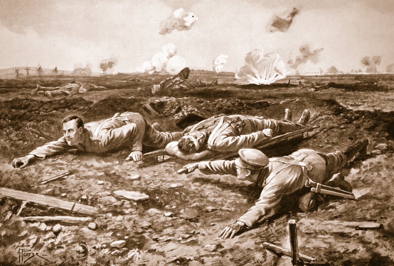 Onbaşı Brown ve Lance-Onbaşı Dobson, yaralı bir adamı ateş altında İngiliz hatlarına doğru sürüklerken by Alfred Pearse