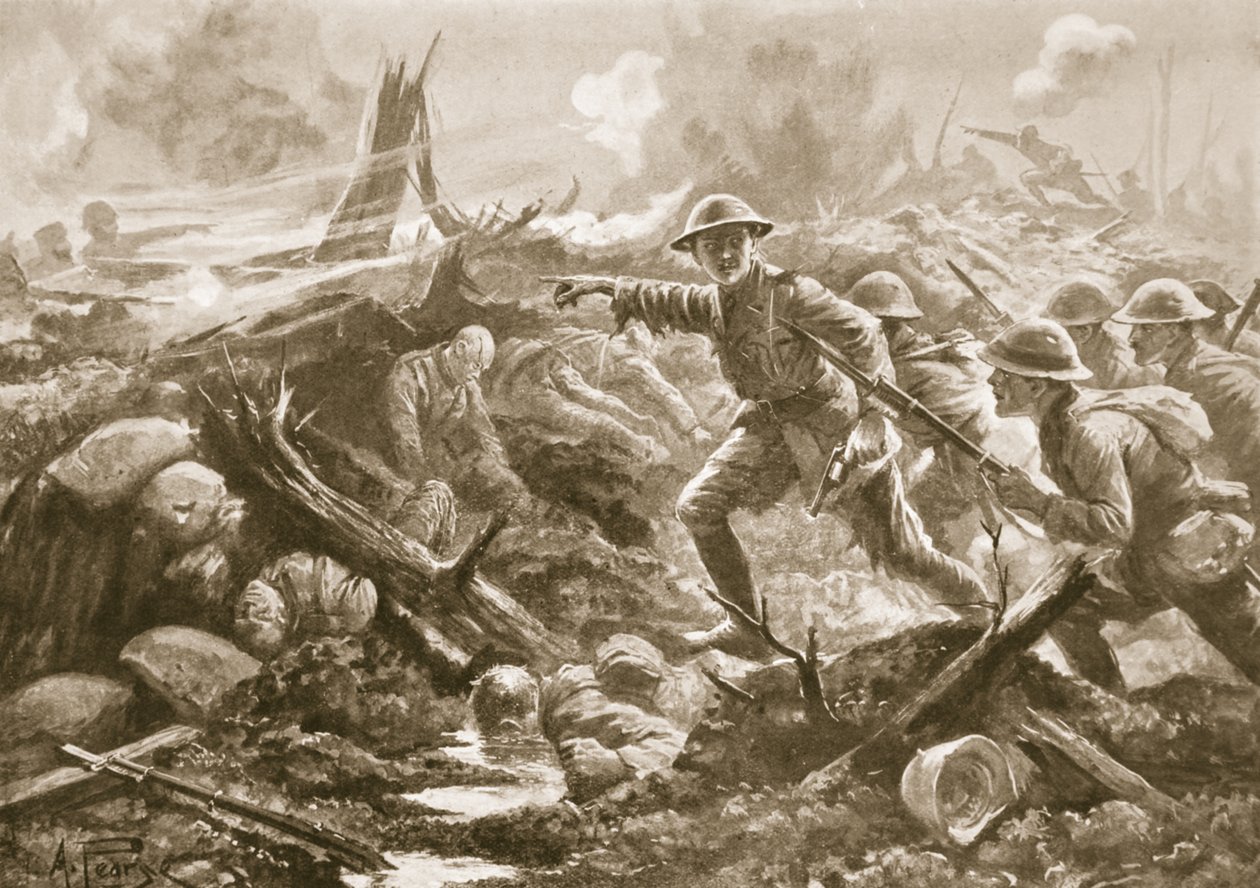Teğmen (Geçici Yarbay) RB Bradford, MC, başka bir taburun adamlarını toplar ve onları kendi taburuyla ileri götürür by Alfred Pearse