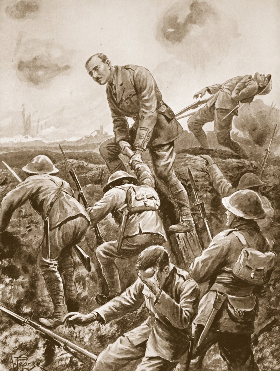 Geçici Binbaşı S.W. Loudoun-Shand, çok şiddetli makineli tüfek ateşine maruz kalırken, korkulukların üzerinden erkeklere yardım ediyor by Alfred Pearse