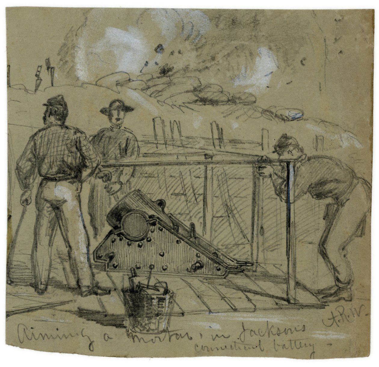 Alfred R. Waud tarafından çizildiği gibi, Petersburg, Virginia dışındaki siperlerde 8 inçlik bir Birlik kuşatma harcı hedefleyen by Alfred Rudolph Waud