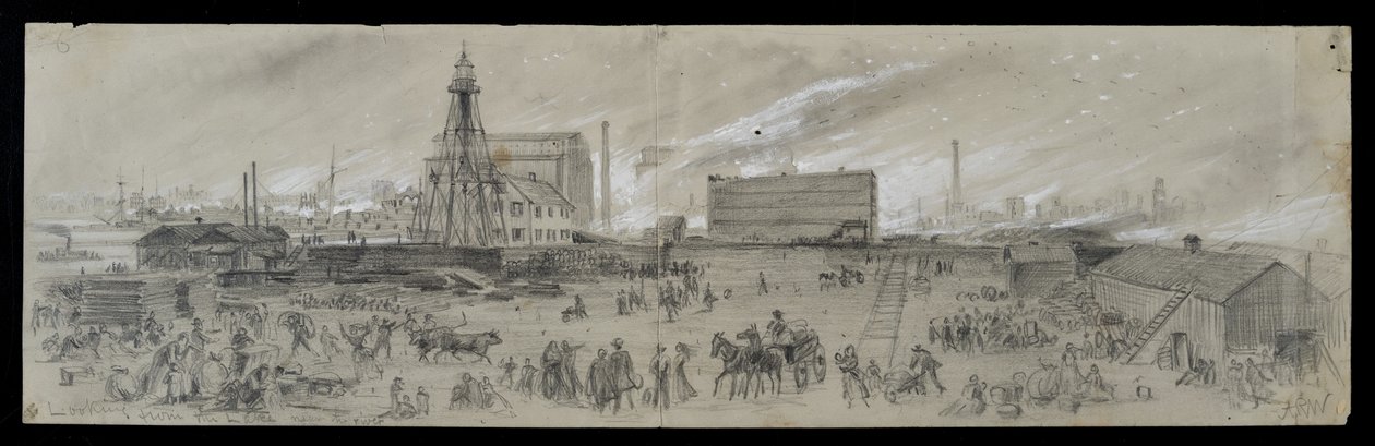 The view from Lake Michigan near the Chicago River during the Chicago Fire of 1871 (pencil und chalk on paper) by Alfred Rudolph Waud