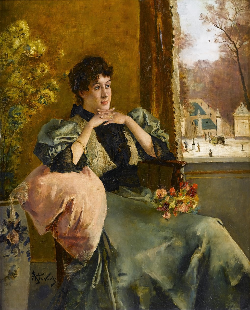 Bir pencerenin yanında dalgın kadın by Alfred Emile Stevens