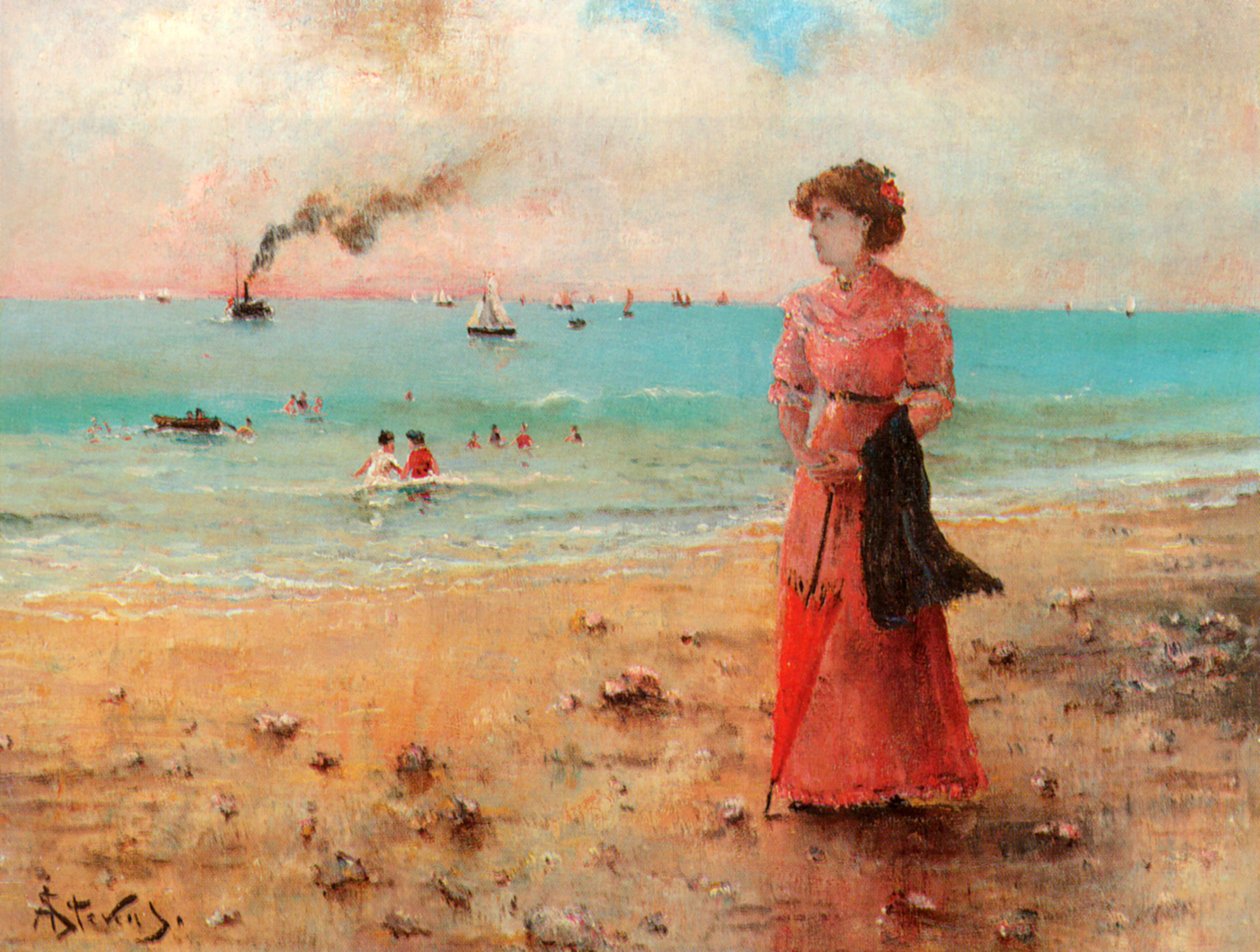Deniz kenarında kırmızı şemsiyeli genç kadın by Alfred Emile Stevens