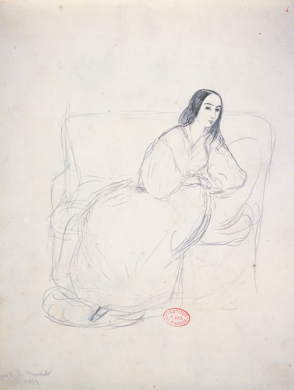George Sand (1804-1876) kanepede oturuyor, 1833 by Alfred de Musset