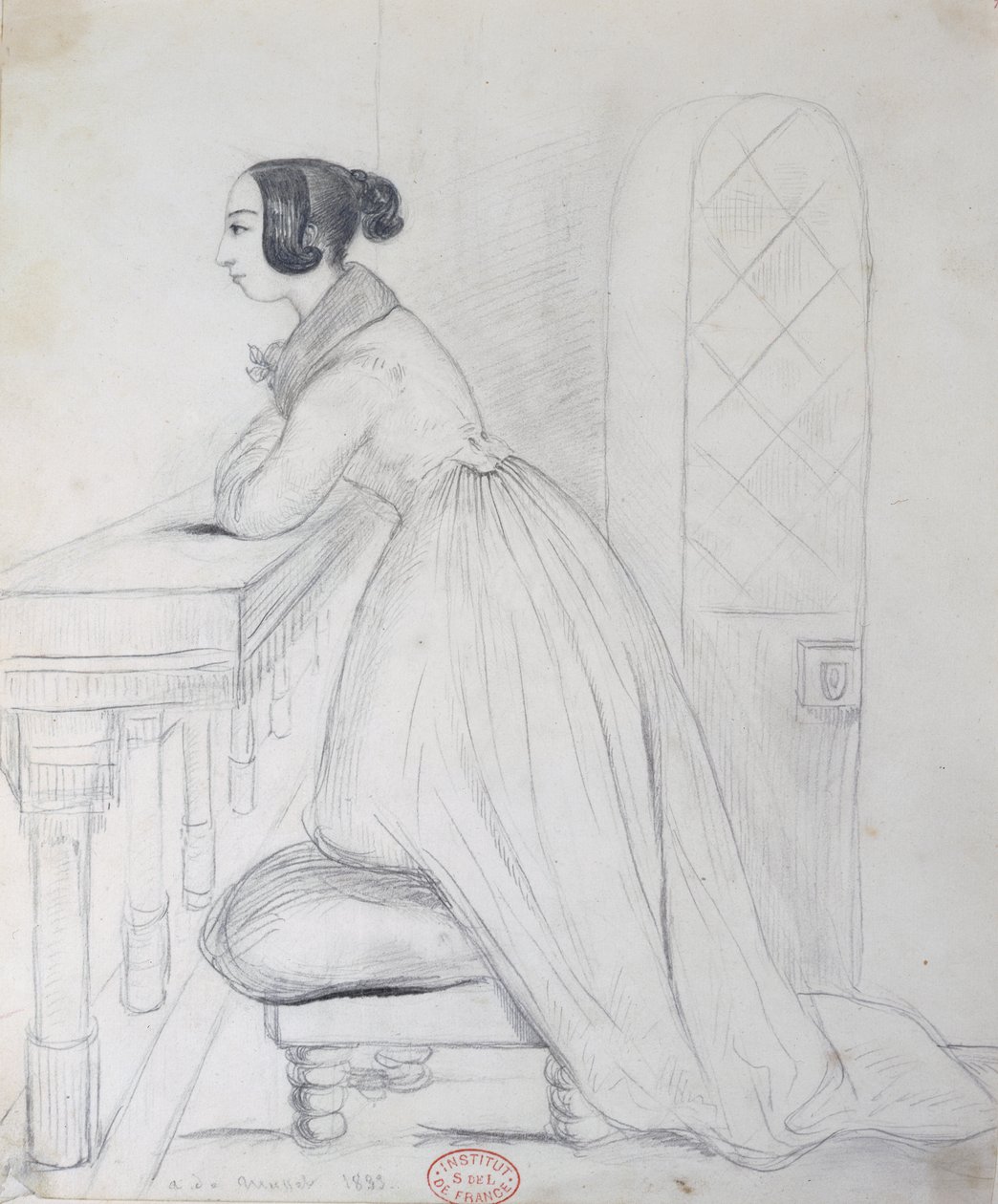 George Sand (1804-76) bir pufun üzerinde diz çökmüş ve dirseklerini bir korkuluğa dayamış, 1833 by Alfred de Musset